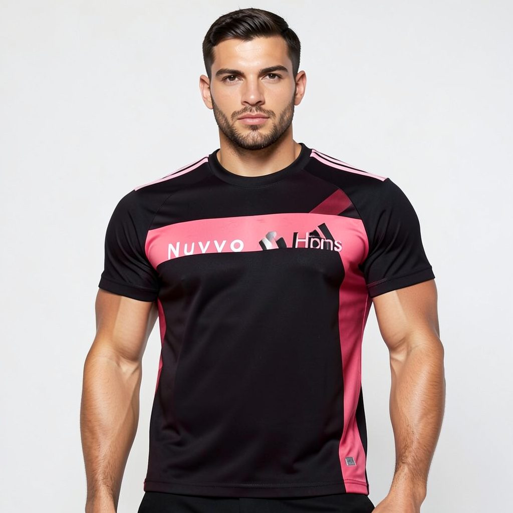 Black athletic t-shirt with scarlet and rose chest graphic, men's training top