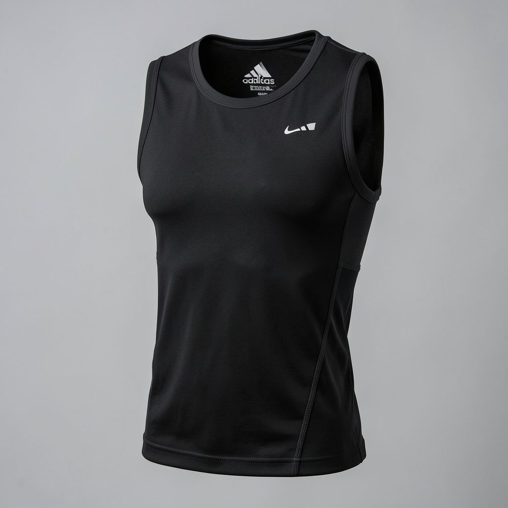 Black sleeveless compression top with subtle side panels, men's athletic base layer