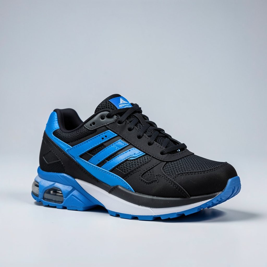 Black and blue Adidas Originals sneaker with solar accents on a clean white background.