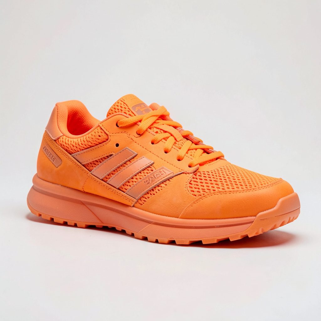 Outdoor trail shoe in bright orange with dark sole, casual outdoor styling