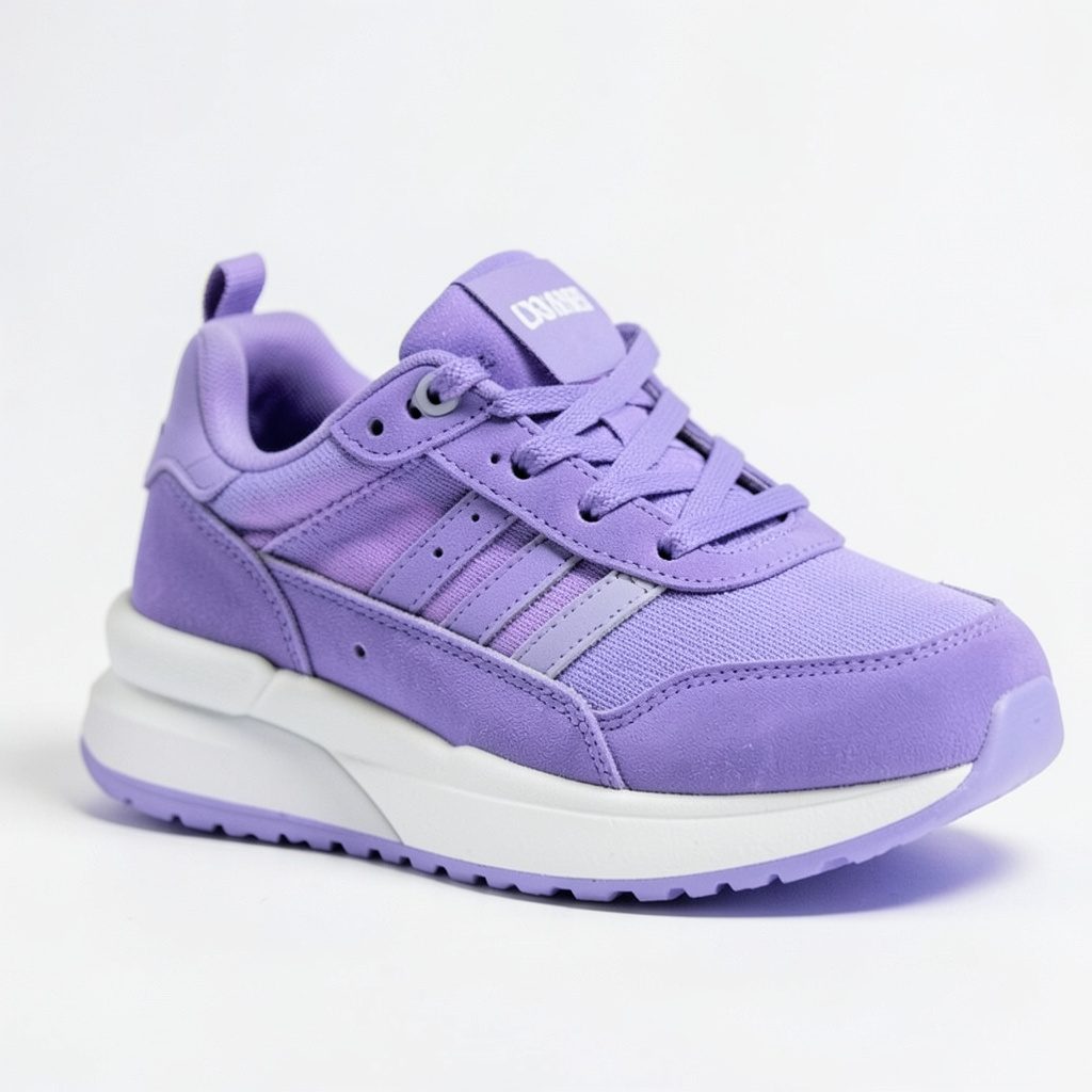 Bright purple and white kids athletic sneaker on a soft neutral background