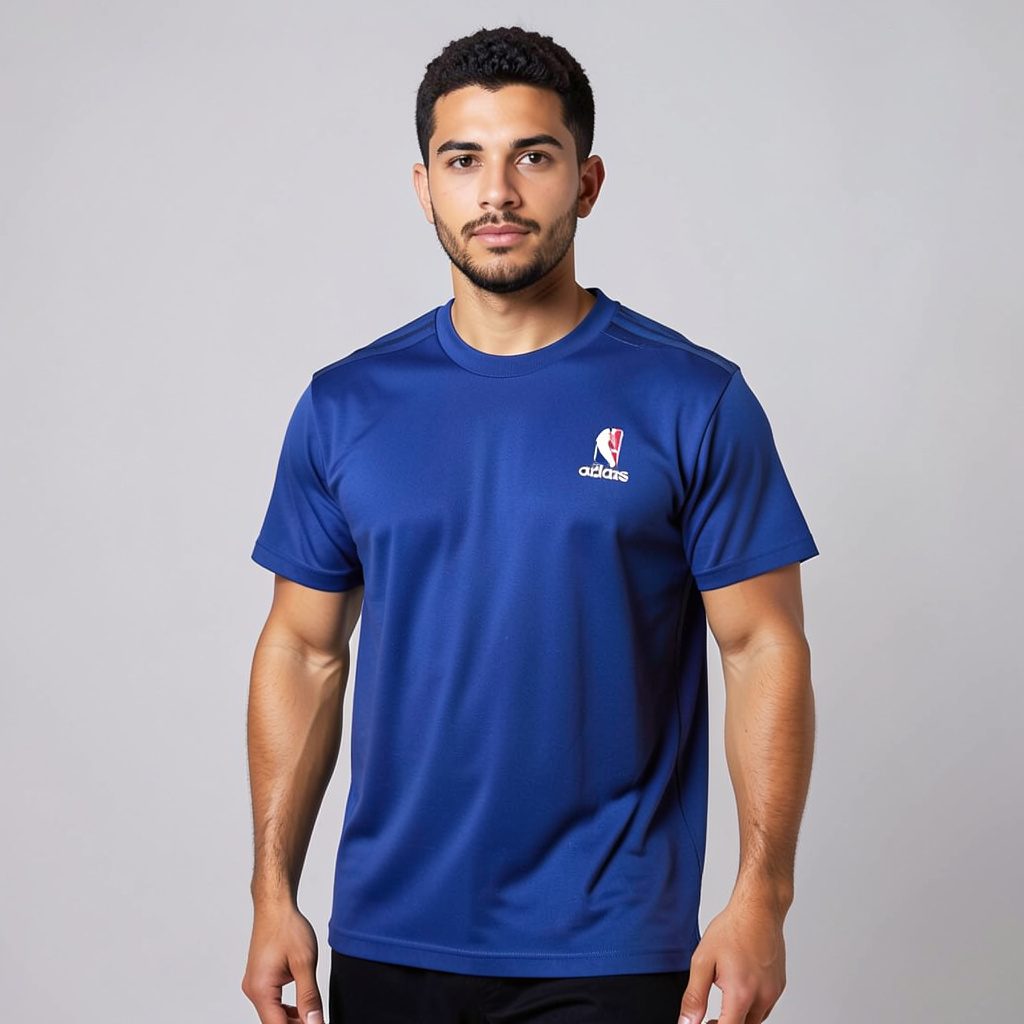 Royal blue crew-neck t-shirt with bold chest graphic, flat lay product photo