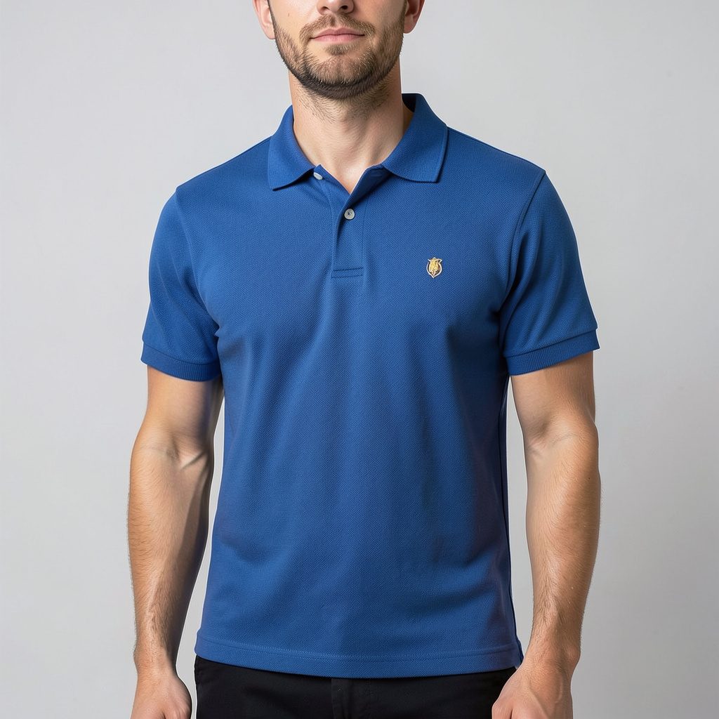Bright blue short-sleeve mesh polo with embroidered chest crest, classic preppy styling
