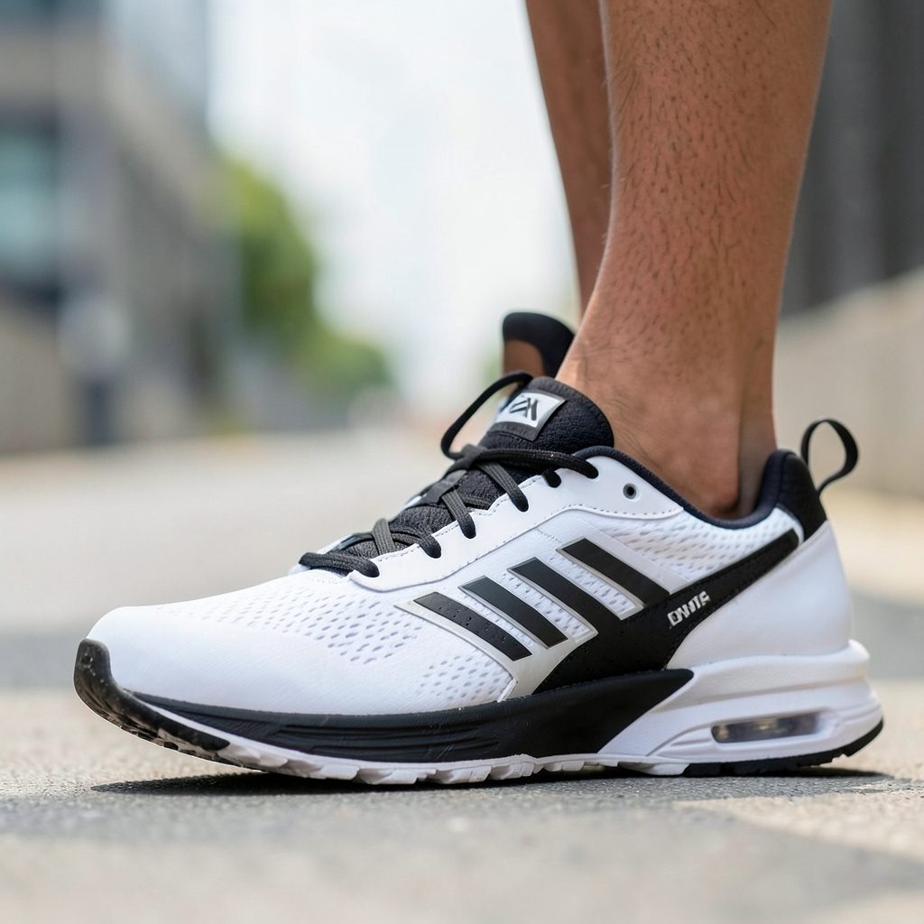 White and black Adidas running shoe with cooling upper and bright accents photographed on a soft gray backdrop.