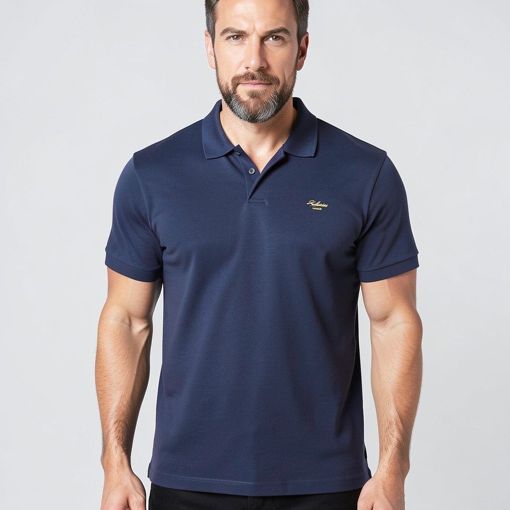 Ink blue short-sleeve polo with v-neck collar, classic men's knit shirt
