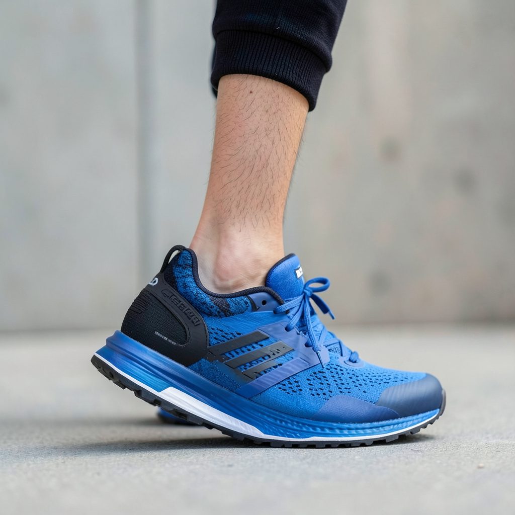 Blue and black Adidas running shoe with knit upper and boost midsole on a plain white surface.